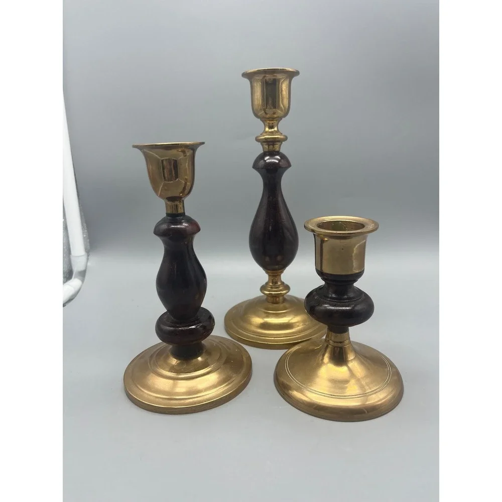 Vtg Brass & Wood set 3 Candlestick holders dark wood Traditional Classic style